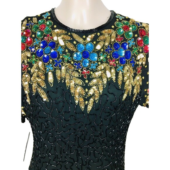 Vintage 80s 100% Silk Beaded Sequined Bright Colored Cocktail Party Dress Carina - Picture 4 of 10